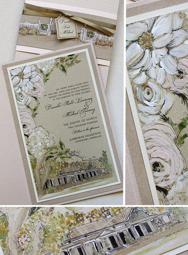 Champagne, White, and Pale Pink Floral Wedding Invitations with