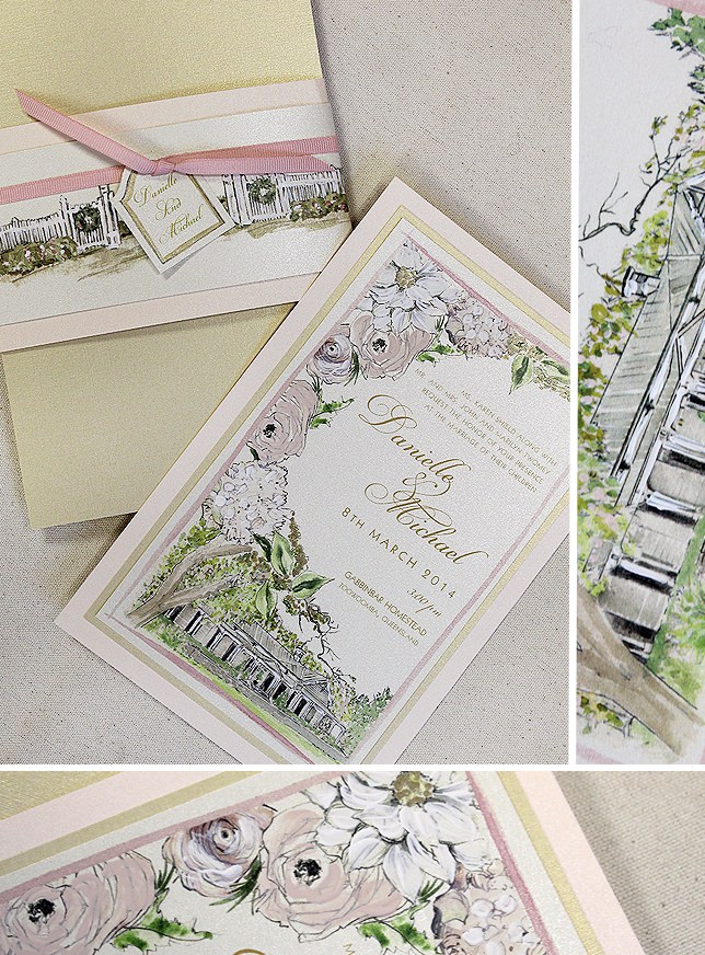 Champagne, White, and Pale Pink Floral Wedding Invitations with