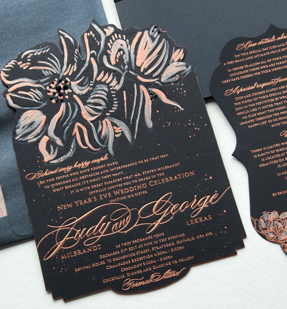Black and Rose Gold Glam New Year's Eve Wedding InvitationsMomental Designs
