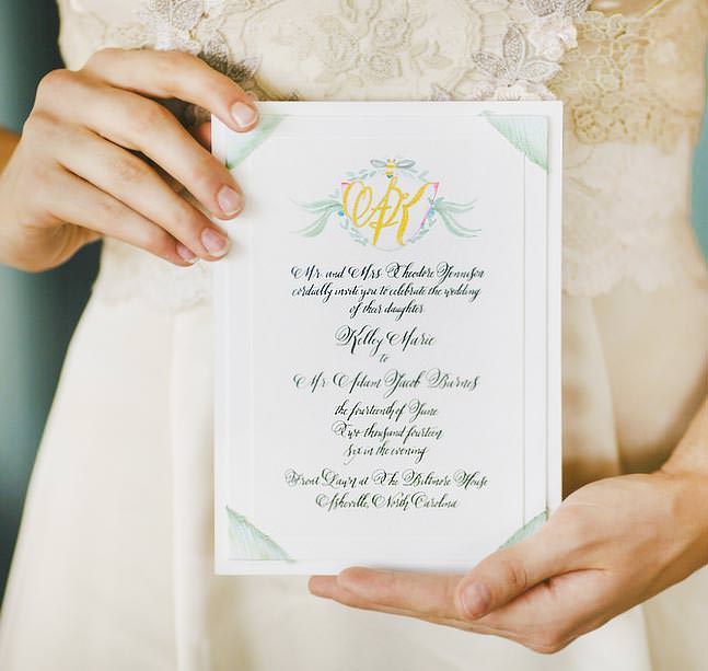 Watercolor Crest Hand Painted Wedding Invitation