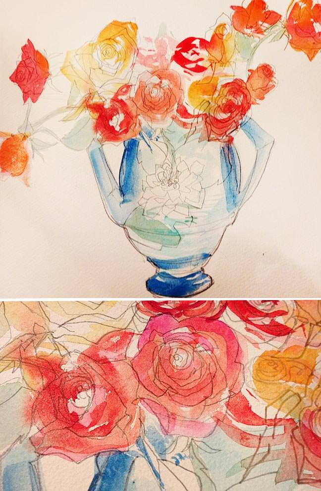 Red Orange Watercolor Roses in Roseville Pottery