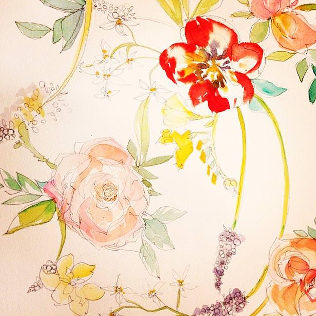 Tulip and Garden Rose Watercolor Repeat Pattern