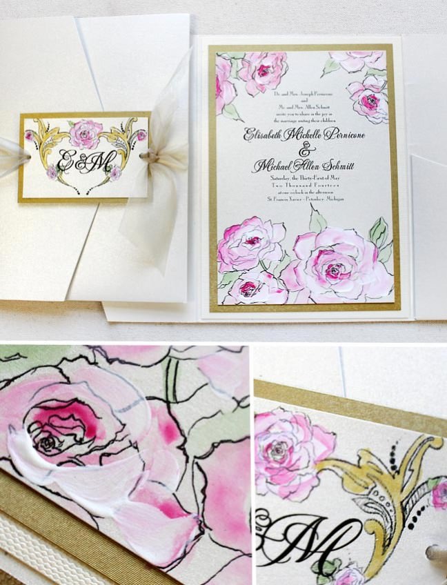 Pink Watercolor Rose Wedding Invitation
