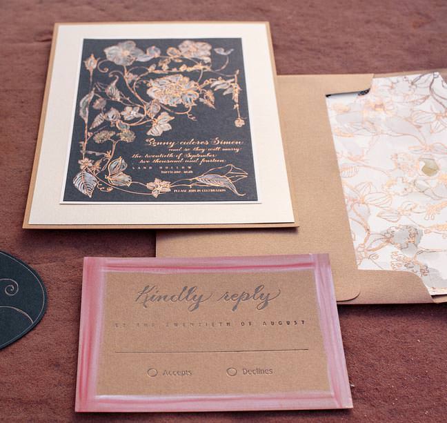 rose gold foil on black wedding invitations