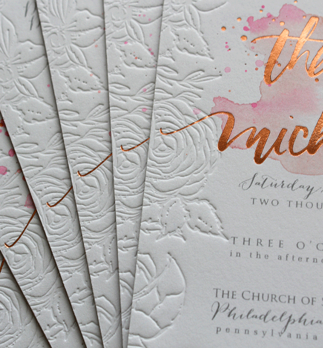 rose gold and blind letterpress weddidng invitations