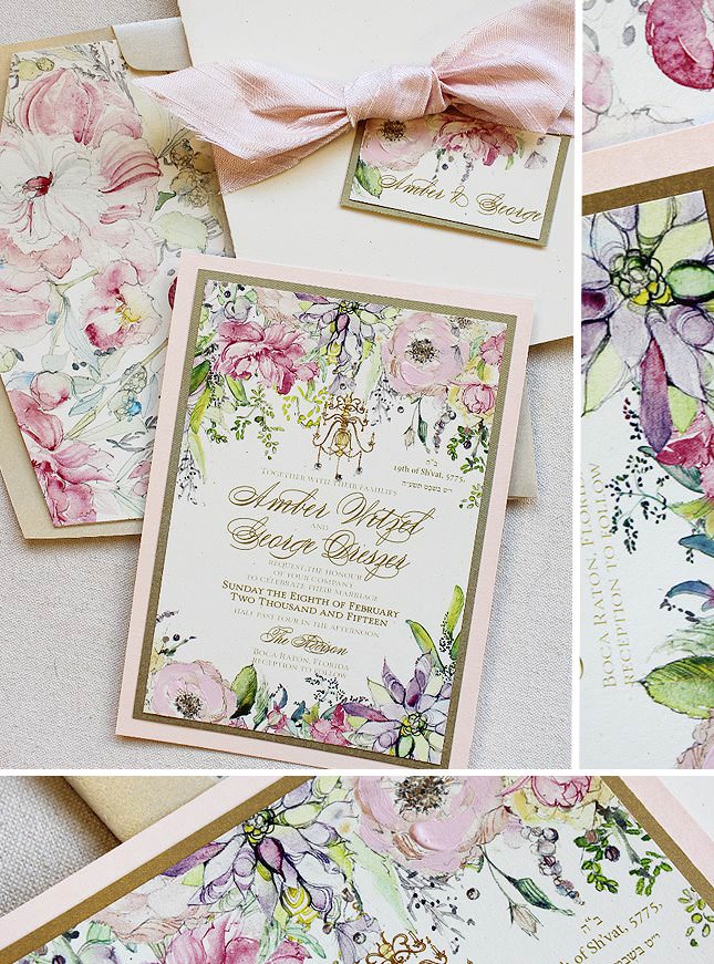 Watercolor Floral and Chandelier Wedding Invitations