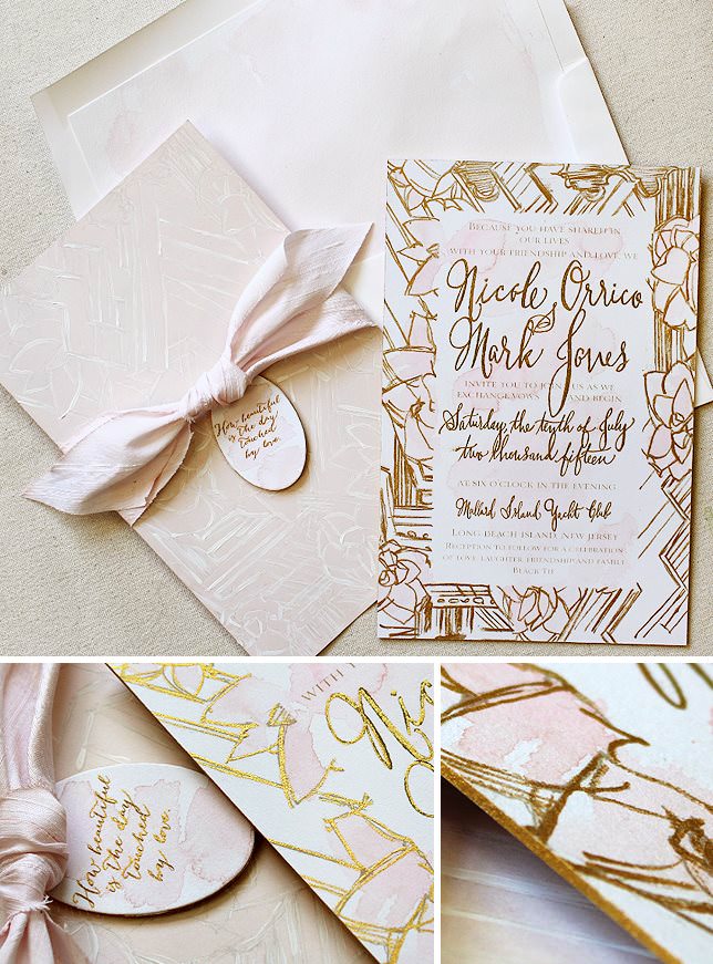 Modern Watercolor and Foil Wedding Invitations