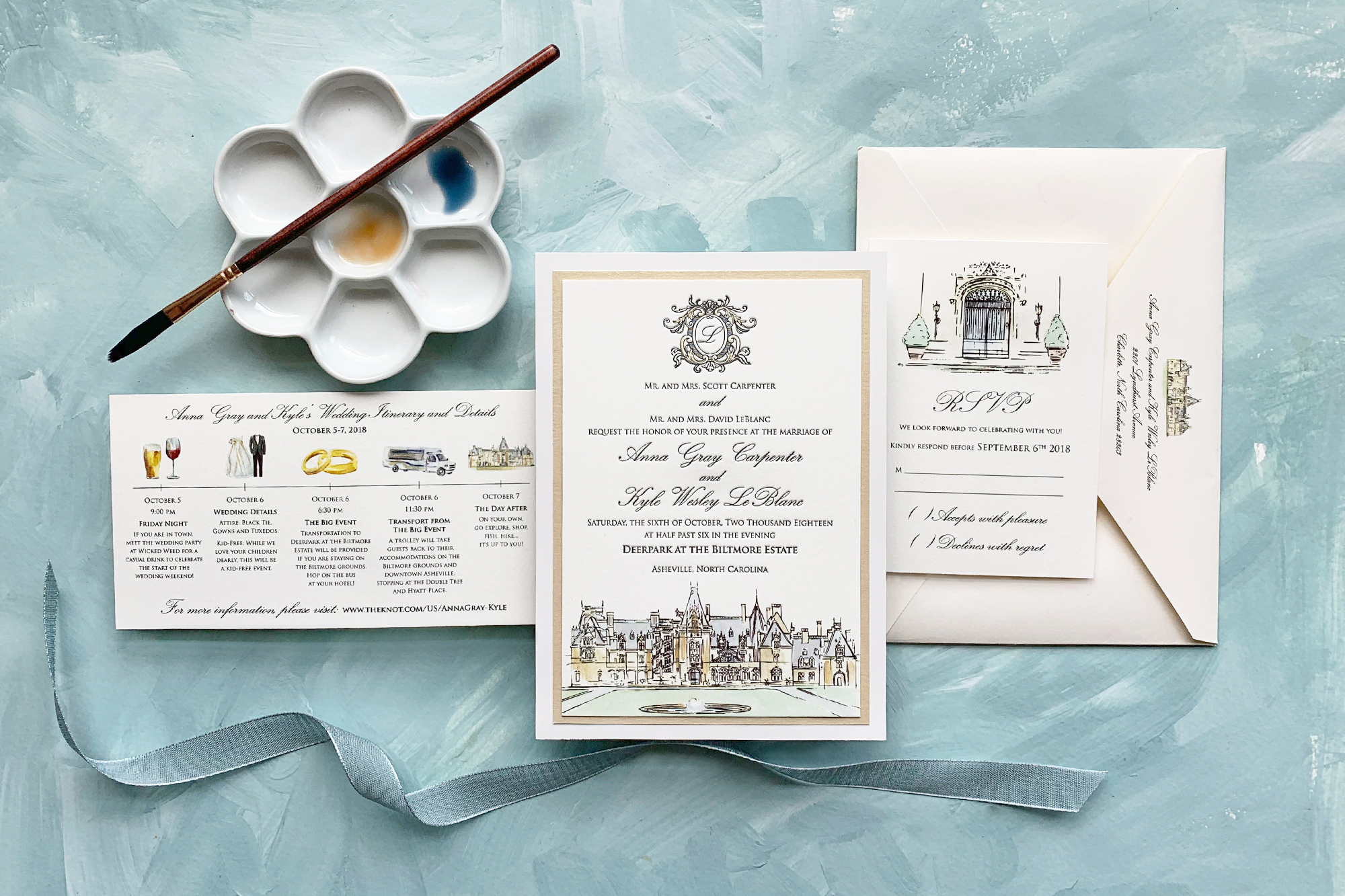 BIltmore Estate Custom Venue Illustration Letterpress Wedding Invitation