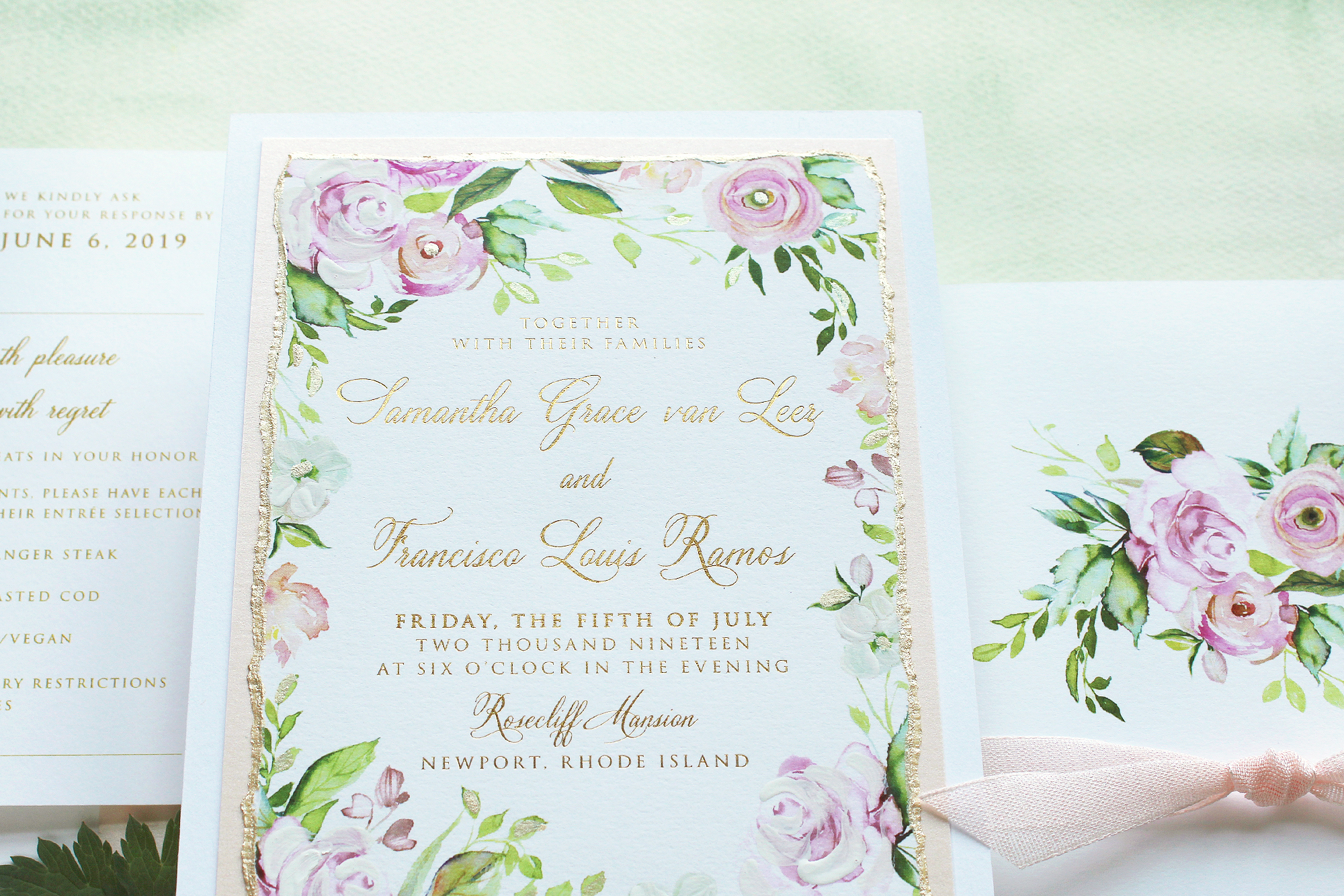 Blush Pink Watercolor Floral Rosecliff Mansion Wedding Stationery