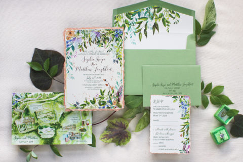 English Garden Watercolor Botanical Leaves Wedding Invitations