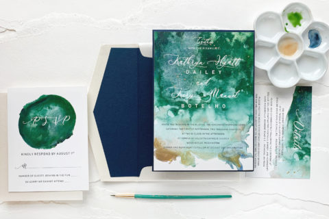 Green Abstract Watercolor Wedding Invitations