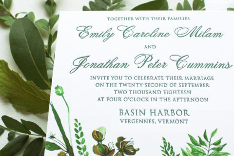Green and White Botanical Letterpress Wedding Invitations