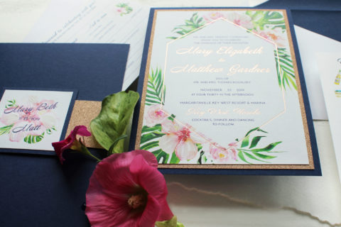 Hibiscus and Palm Leaf Tropical Wedding Invitations