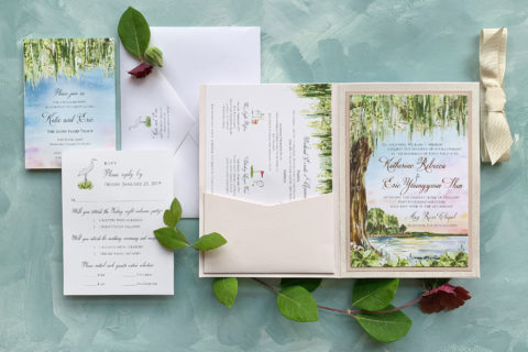 Low Country Landscape Oak Tree Watercolor Wedding Invitations