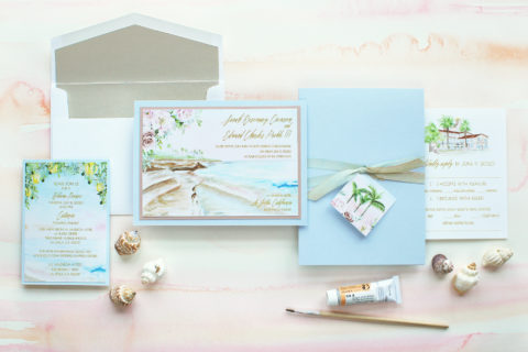 Soft Watercolor Beach and Ocean Landscape Wedding Invitation