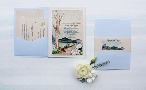 blue-white-flower-pathway-tree-wedding-invitation