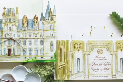 Watercolor Chateau Challain France Destination Wedding Invitations
