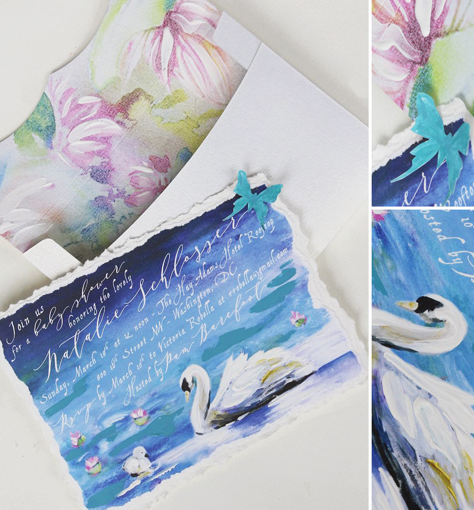 Hand Painted Swan Baby Shower Invitations