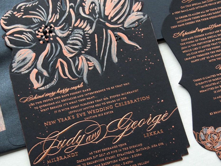 Black and Rose Gold Glam New Year's Eve Wedding Invitations