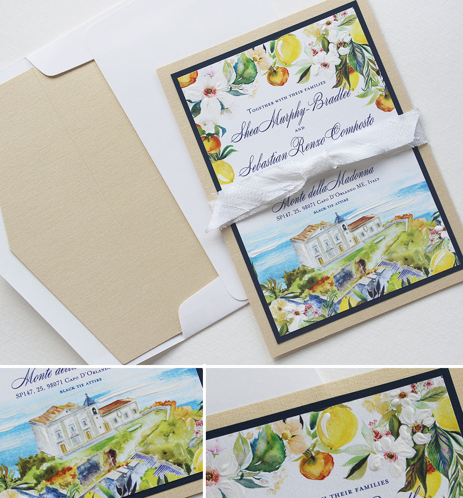 Watercolor Floral and Lemons Italy Wedding Invitations