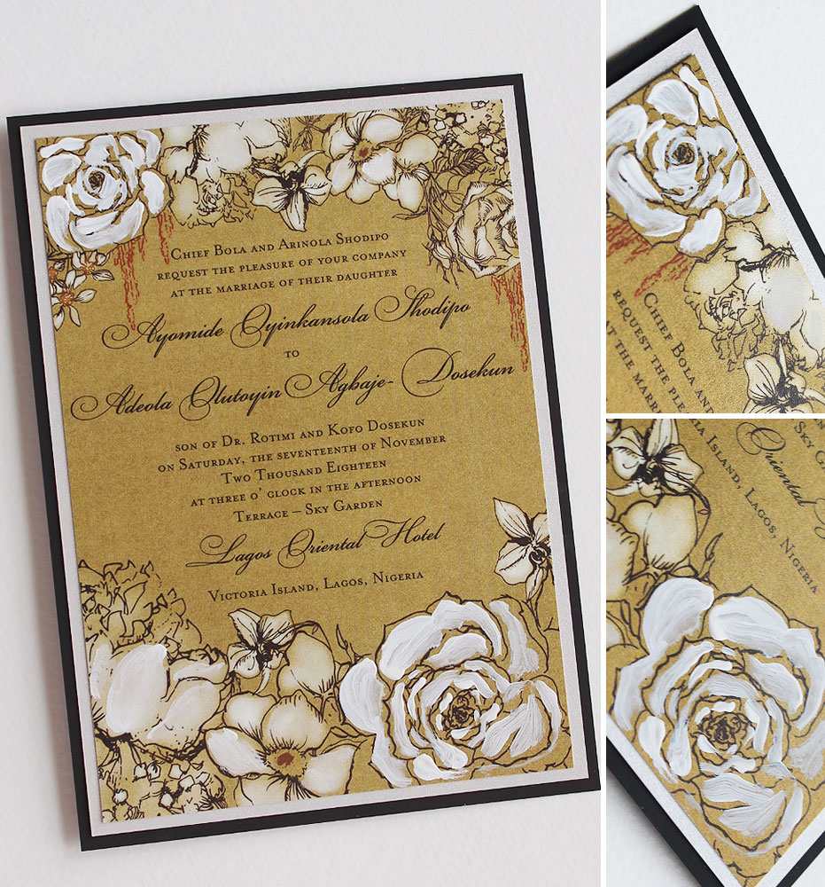 Antique Gold and White Hand Painted Floral Wedding Invitations