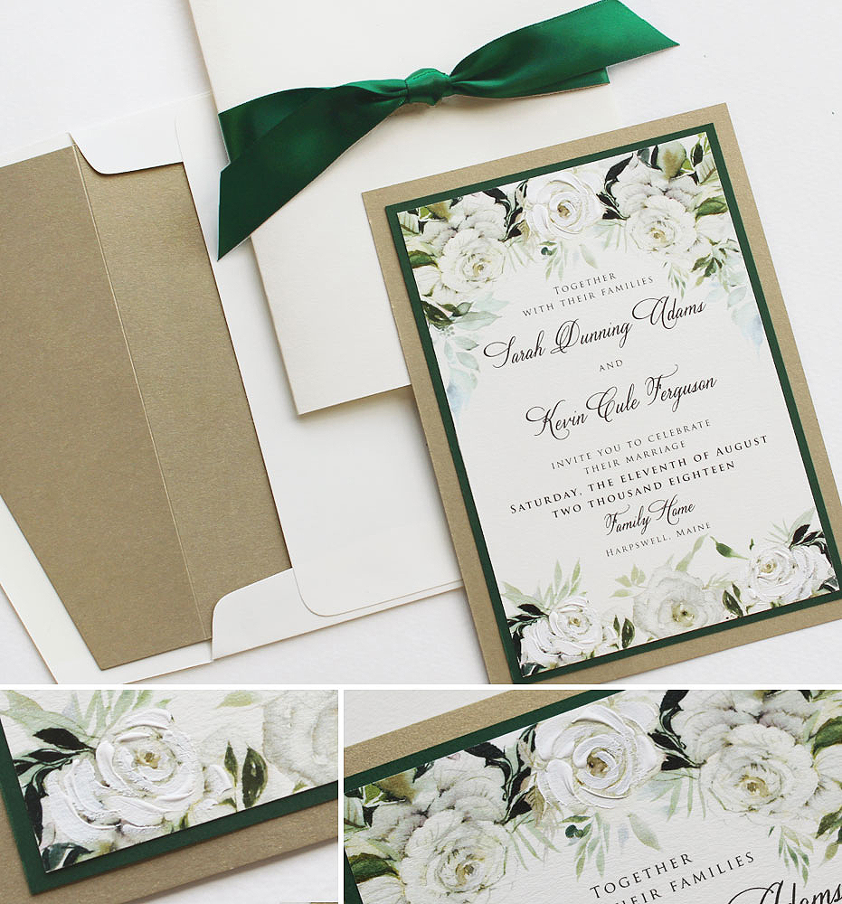 Green and White Watercolor Floral Wedding Invitations