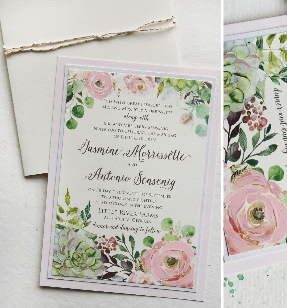 Watercolor Floral and Succulent Wedding Invitations