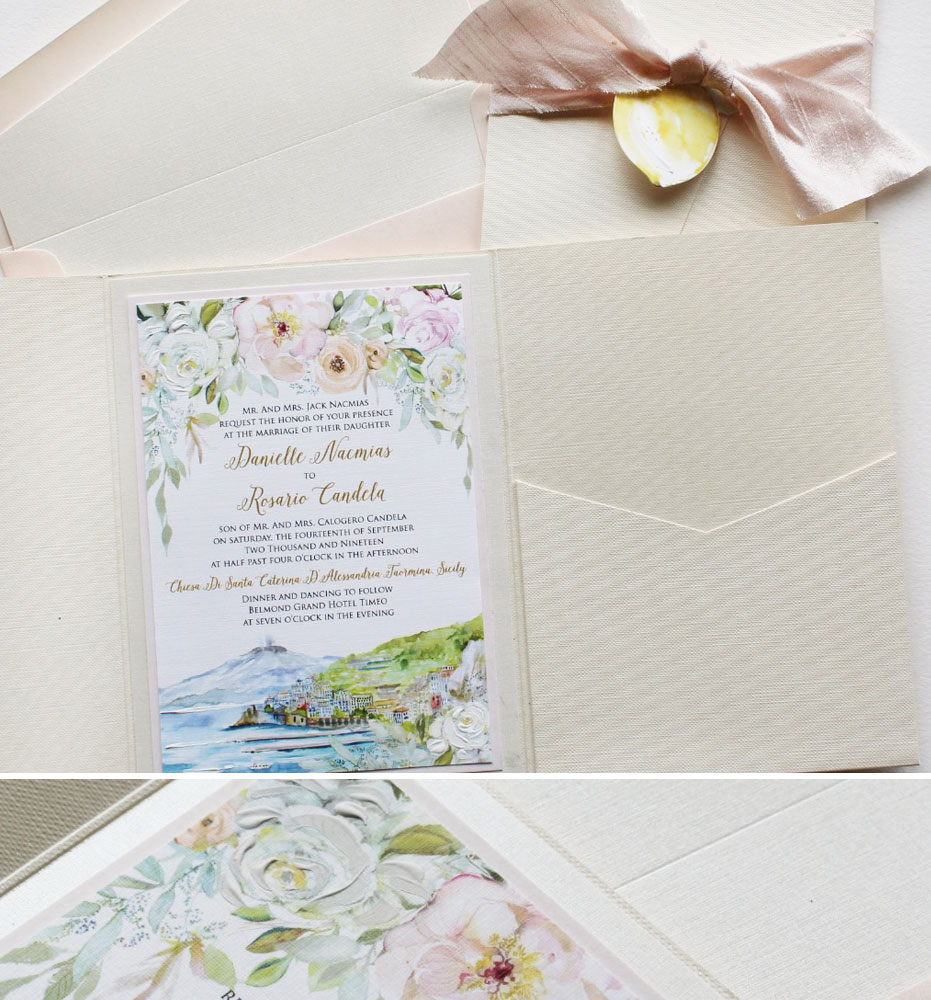 Watercolor Floral and Landscape Italy Wedding Invitations