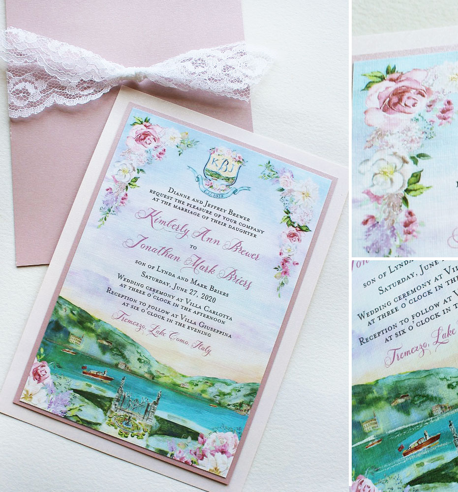 Watercolor Lakeside Landscape and Floral Wedding Stationery