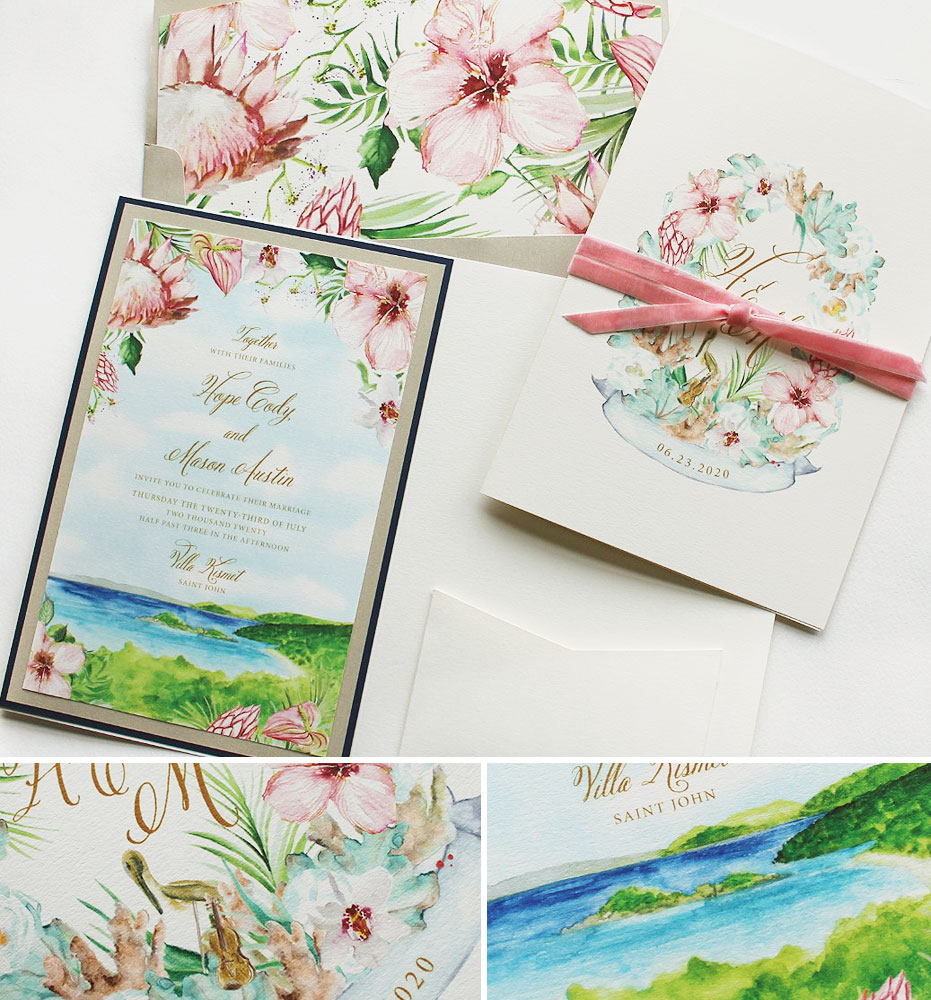 Tropical Landscape and Floral Wedding Stationery