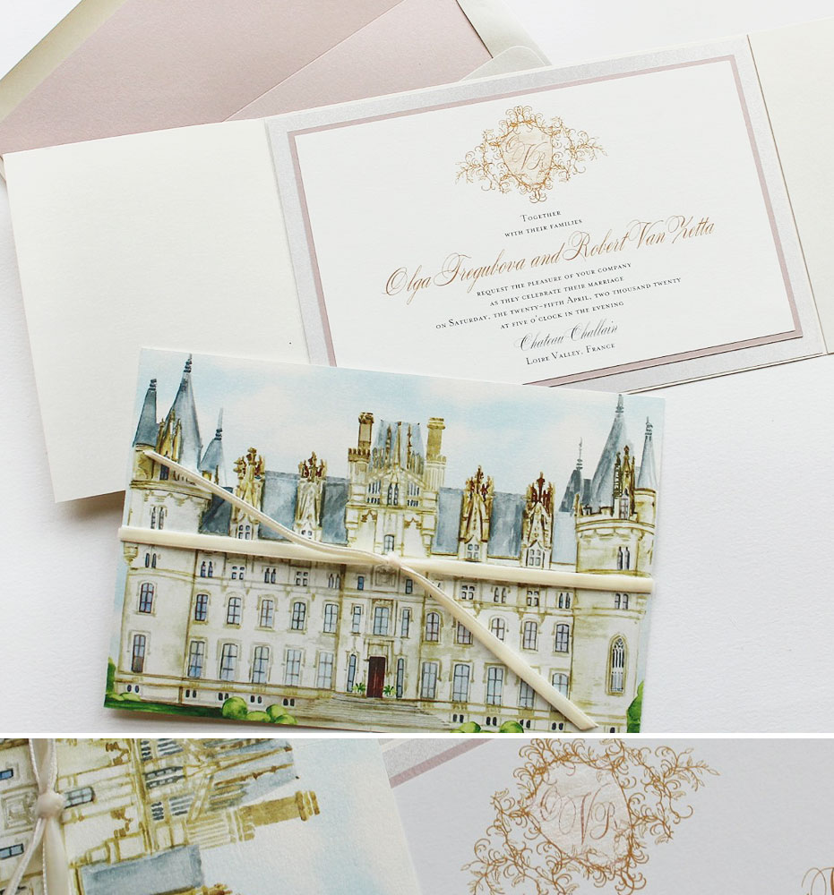 Watercolor Chateau Challain Wedding Invitations