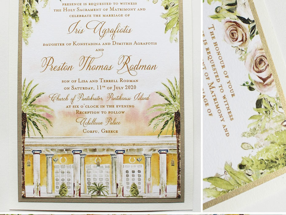 Corfu Greece Watercolor Wedding Invitations