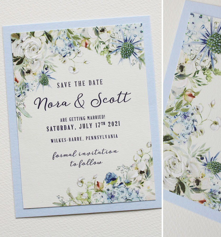 Pale Blue and White Watercolor Floral Wedding Save the Date 