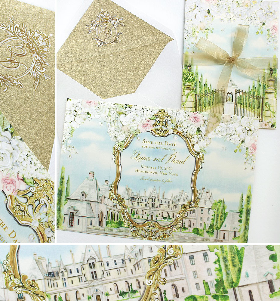 Watercolor Oheka Castle Wedding Save the Dates