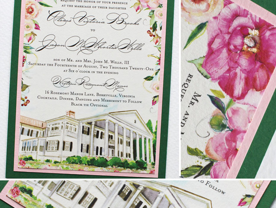 Watercolor Custom Venue Illustration and Floral Wedding Invitation