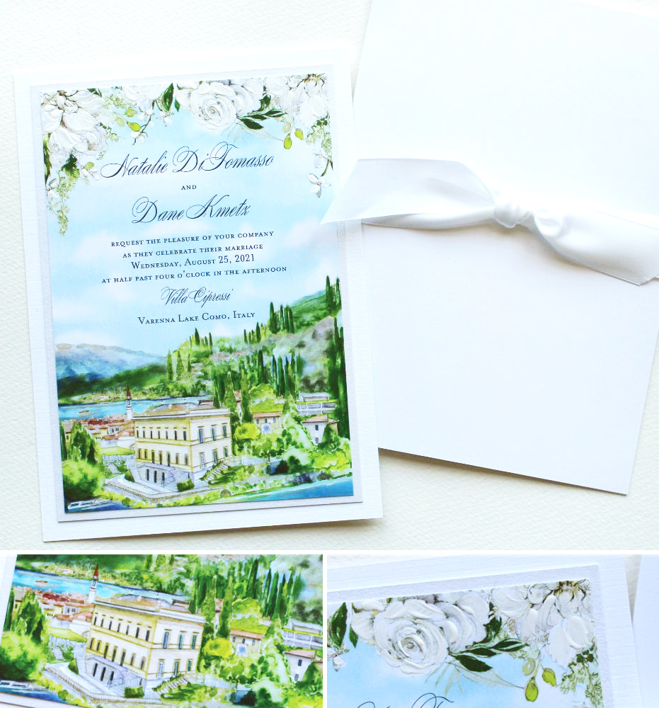 Lake Como Italy Watercolor Wedding Invitations