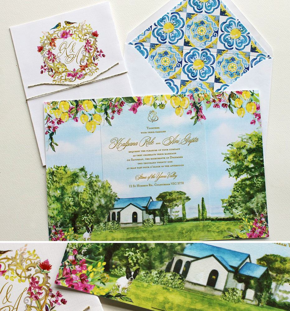 Watercolor Venue Illustration Wedding Invitations