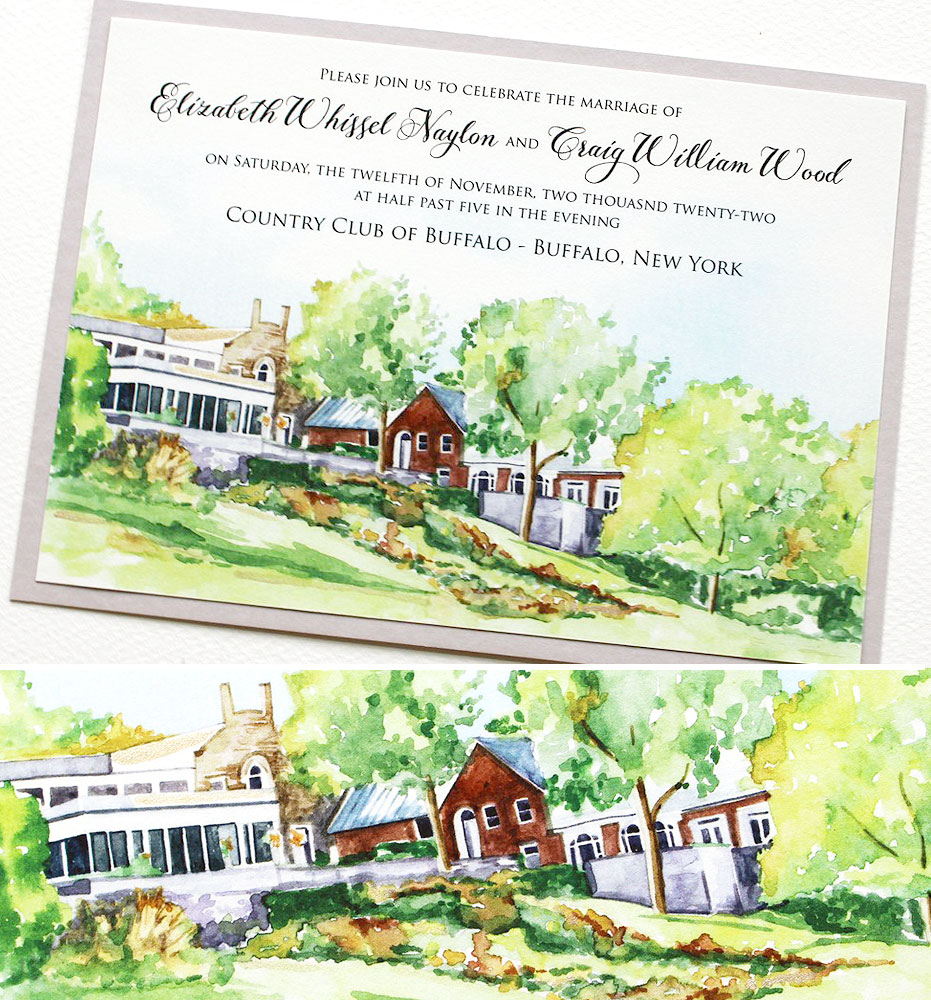 Watercolor Venue Illustration Wedding Invitations